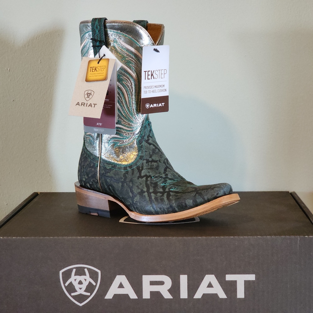 ARIAT Futurity Elephant Print Size 8.5 Green Gold Cowboy Boots Square Toe - Picture 6 of 8